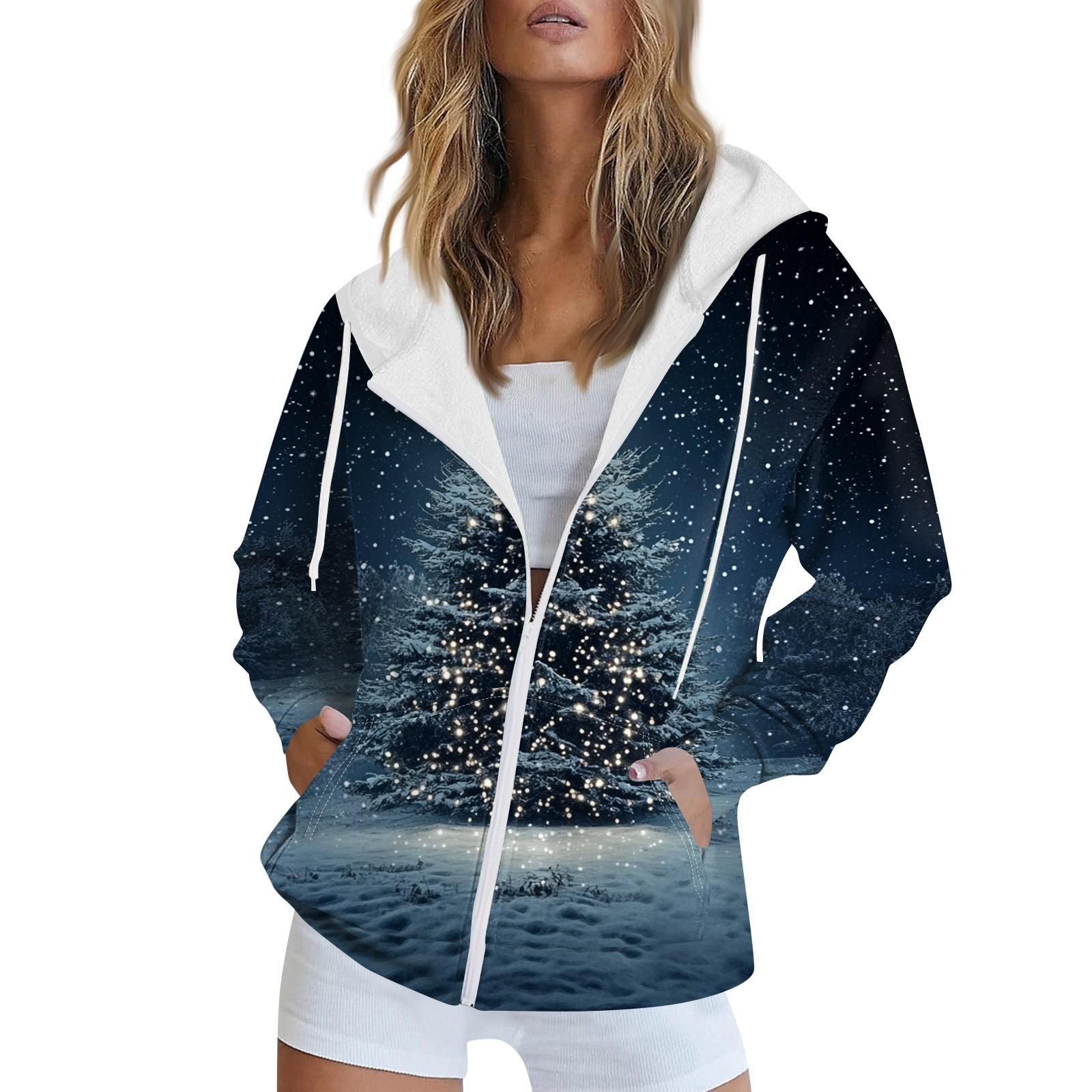 

Жіночий світшот з різдвяним принтом, осінь-зима, куртка-джемпер з довгим рукавом і кишенями, верхній одяг з капюшоном на блискавці XL Кіновар