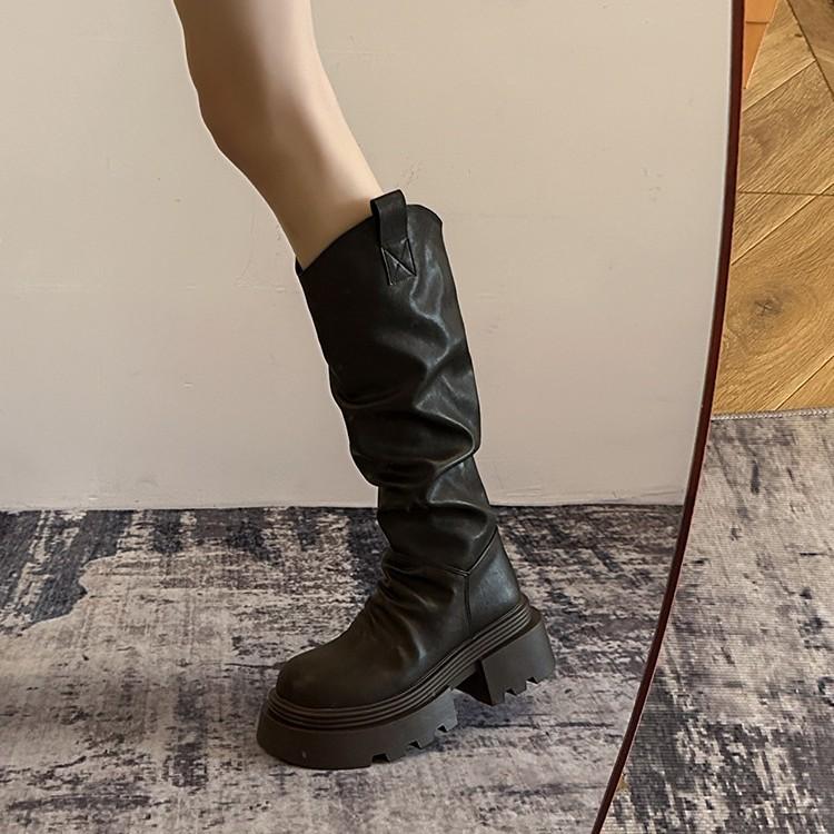 [Fanfna] 2025 Autumn New Platform Boots Women's Knee Knight Boots Thin Pleated Piled Boots