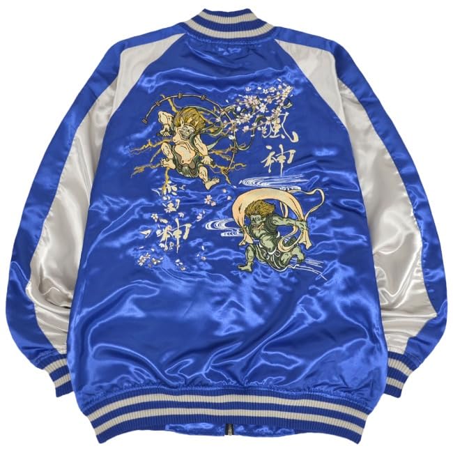 [Yoshida Yu] Sukajan Raijin Fujin Satin Casual Jacket (Blue X Silver, Size LL)