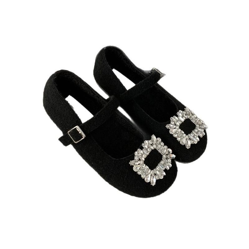 Suding Home! Flat Gray Felt Square Head Rhinestone Single Shoes Women's 2025 Autumn and Winter Plush Mary Jane Mao Shoes