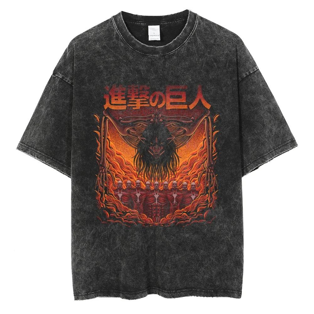 Hotblood Anima Attack on Titan Graphic Print TShirt Men Women Harajuku Vintage Washed Cotton Solf Summer New Tee Oversized Top