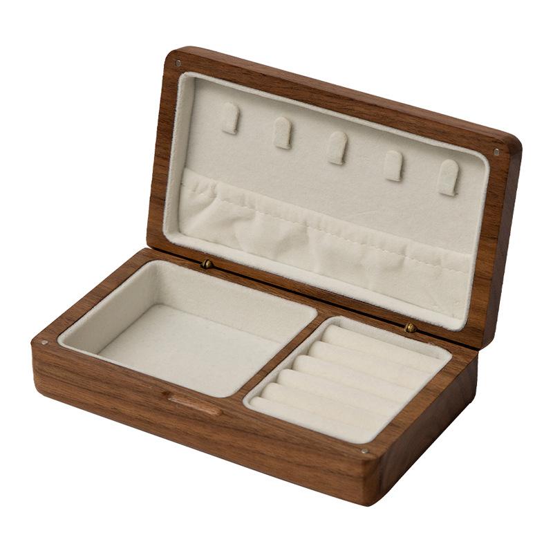 NEW Portable Flannelette Jewelry Storage Box High-end Luxurious Black Walnut Vintage Necklace Earrings Portable Travel Pure Wood