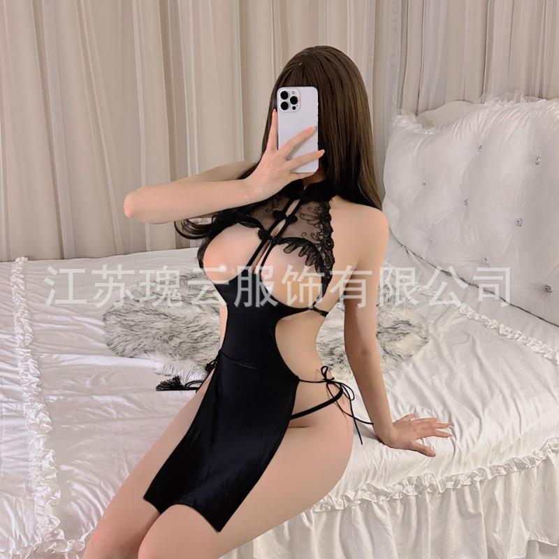Sexy underwear, sexy hollow lace, ice silk temptation cheongsam, hot small chest perspective uniform pajamas, one piece.
