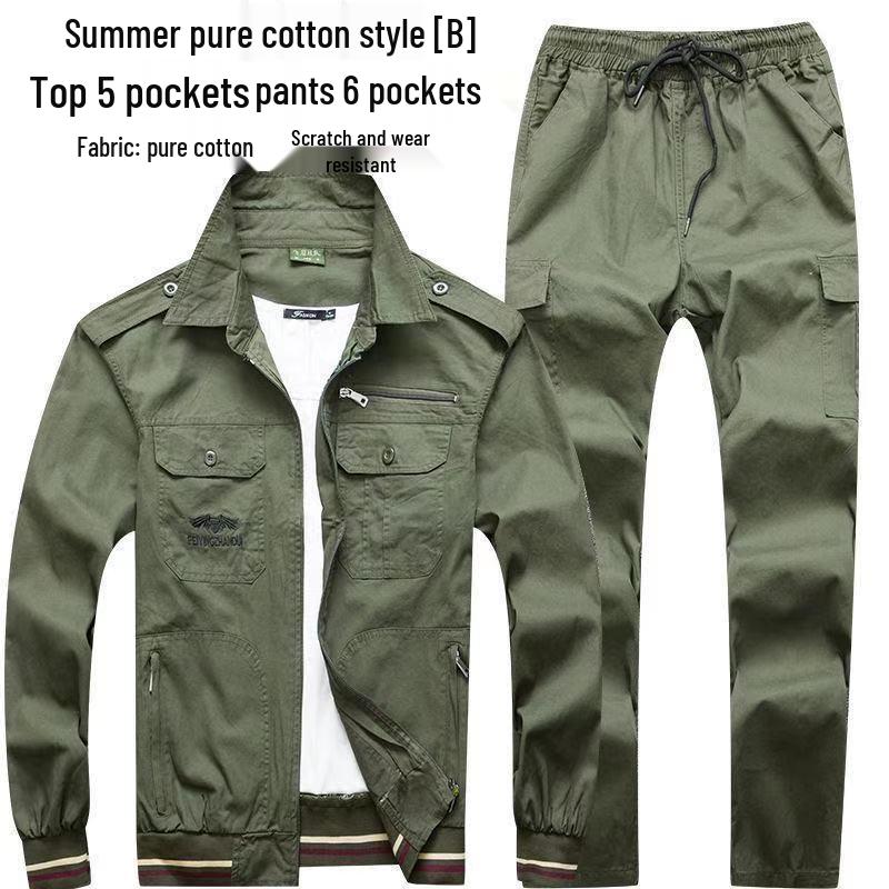 Men's Summer Workwear Set: Thin Cotton Long Sleeve, Wear-Resistant, Stain-Resistant, Ideal for Welding and Auto Repair