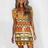 Women's Fashion Casual V-Neck Short Sleeve Drawstring Sequin Printed Dresses