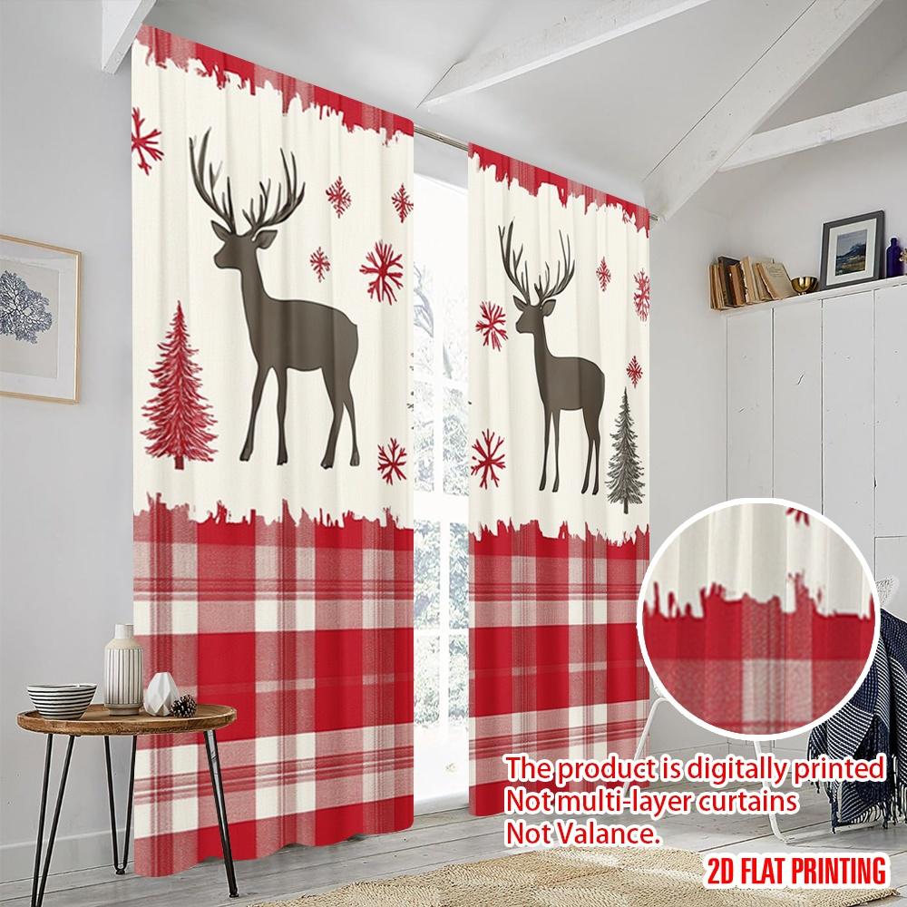 2pcs,2D Plane Printing Pattern Curtains Deer Winter Forest Plaid (3) Durable 100% Polyester Fabric (without Rod) Home Decor for