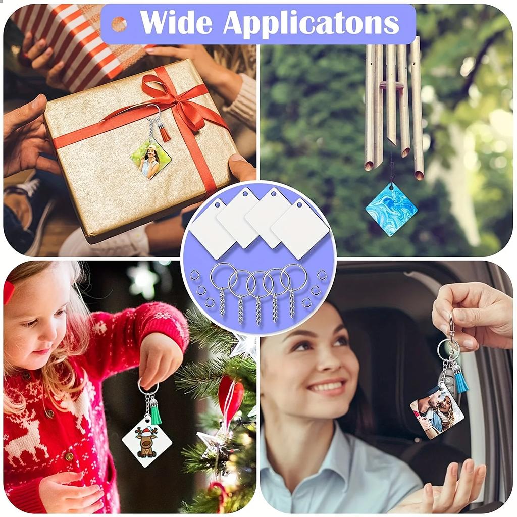 80 ks/sada akrylových čtvercových prázdných střapcových klíčenek, sada ručně vyráběných klíčenek