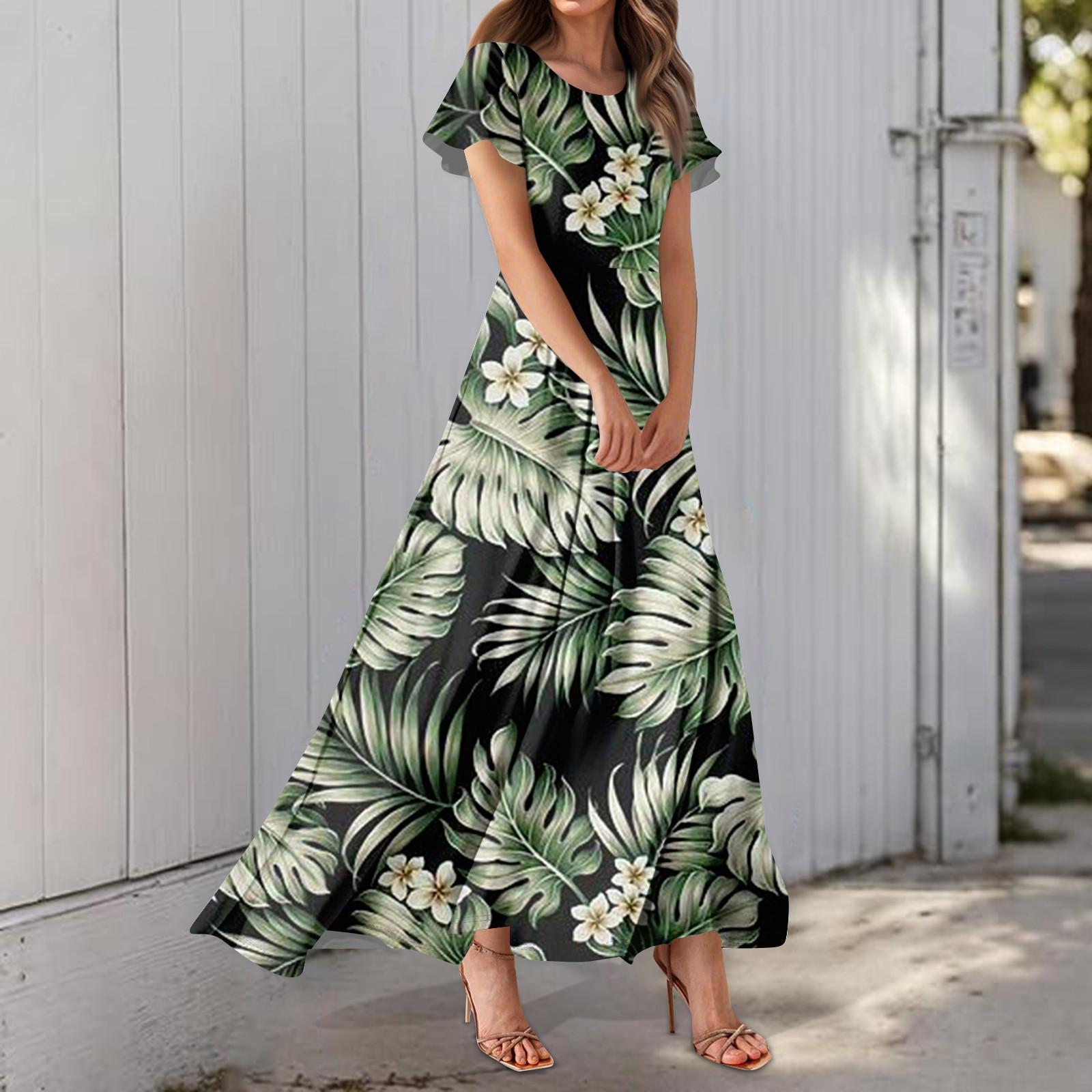 

Женское повседневное платье с гавайским принтом, круглым вырезом, короткими рукавами и высокой талией XL арбуз красный