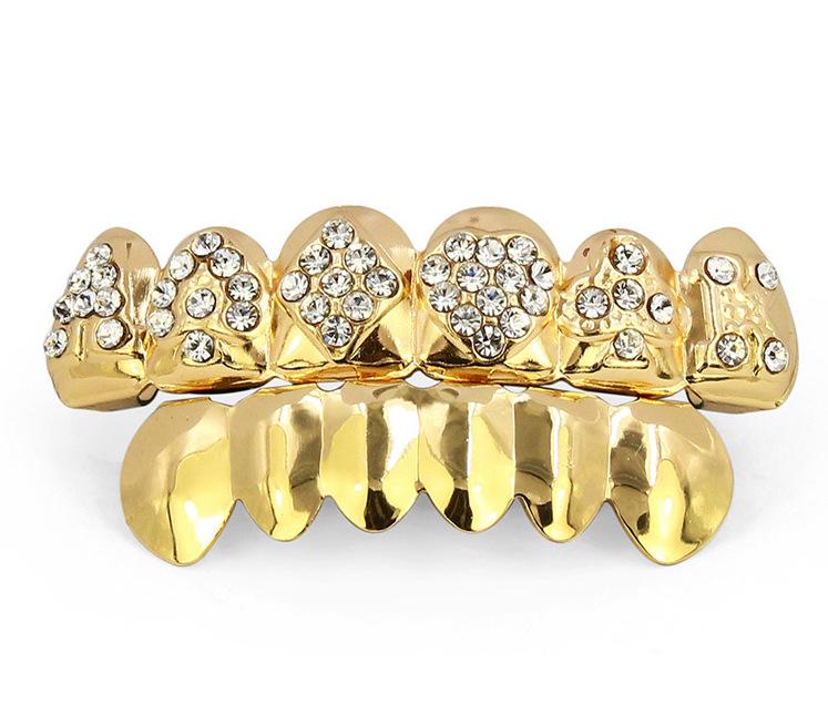Grillz placcati in oro con diamanti, decorazione Hip-Hop con carte da gioco transfrontaliere