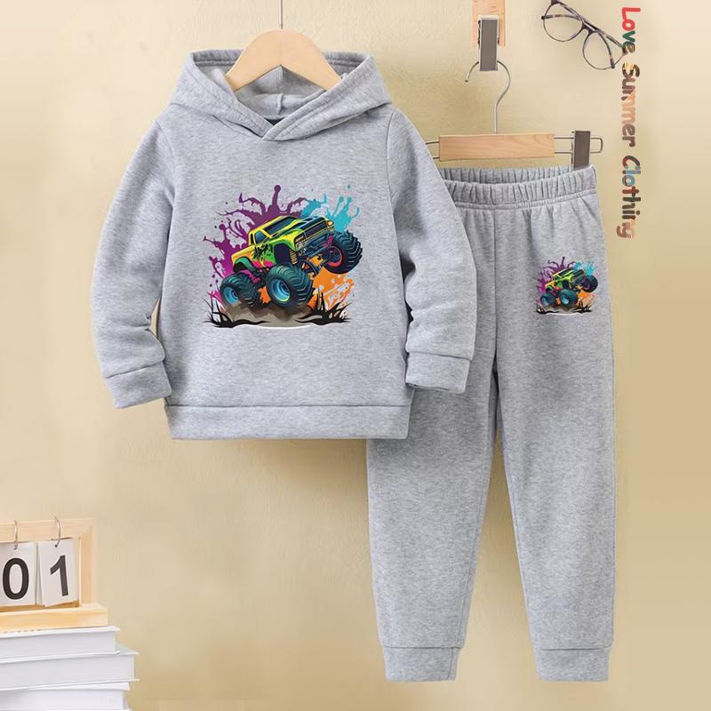 2pcs Boys Hoodie Set Motorcycle Excavator Road Car Thermal Long Sleeve Sporty Pants Hoodie Set Gift Ideal Daily Outdoor Wear