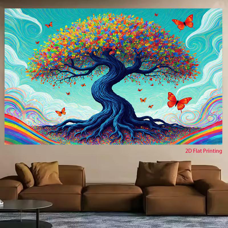 2D Dreamy Tree of Life Backdrop with Multicolor Leaves & Butterflies for Art Events