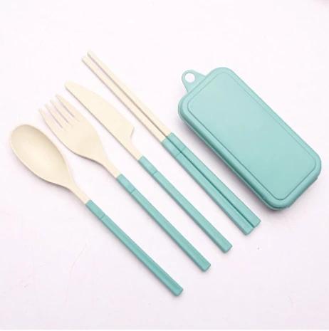 4Pcs Wheat Straw Dinnerware Set Portable Tableware Knife Fork Spoon Chopsticks Set Travel Cutlery Eco-Friendly Utensil Box