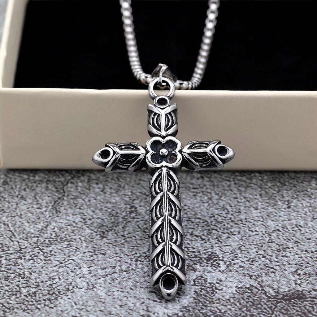 Vintage Solid Stainless Steel Double Sided Engraved Cross Pendant Unisex Necklace