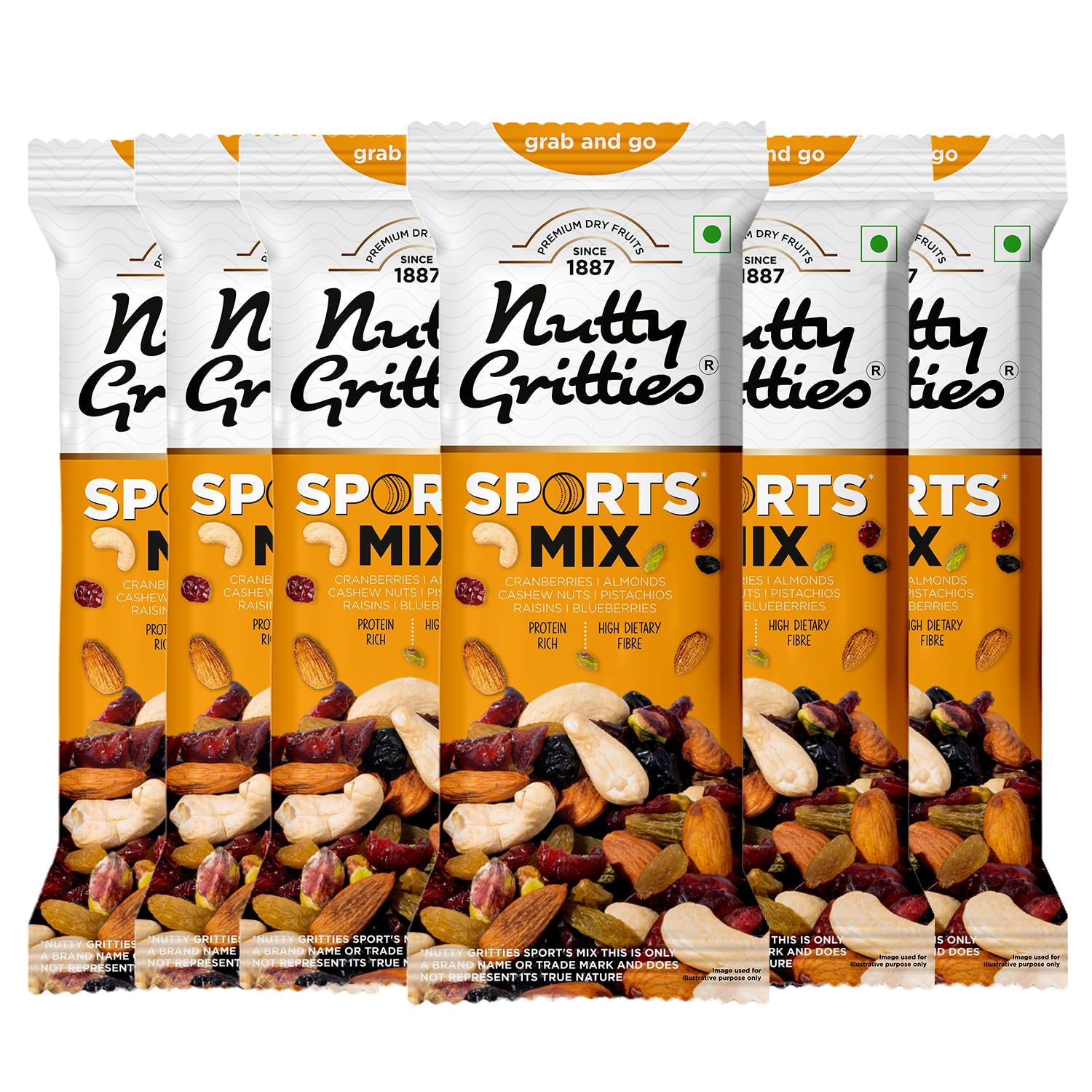 

Nutty Gritties Grab And Go Sports Mix | 240g (Each Pouch 40g, Pack of 6) - Roasted Almonds, Cashews, Pistachios, Dried Blueberries, Cranberries a
