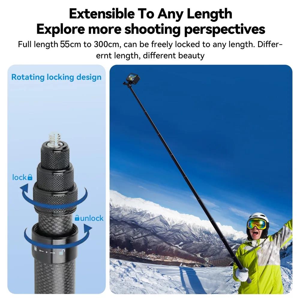 VIKEFON 3M Carbon Fiber Selfie Stick Aluminum Alloy Selfie Stick for Insta360 X3/ONE X2 / RS for GoPro Hero 11 10 9 8 DJI Action 7