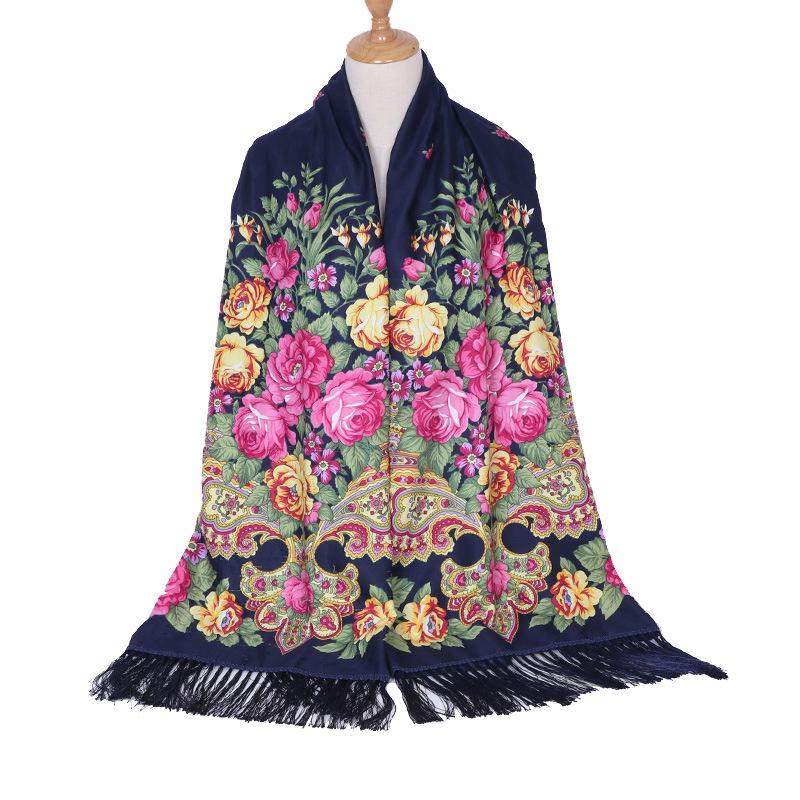 Scarf Women Flower Shawl Autumn And Winter Foulard Warmth Vintage Tassel Hijab Warp Printed Headscarf Bandana