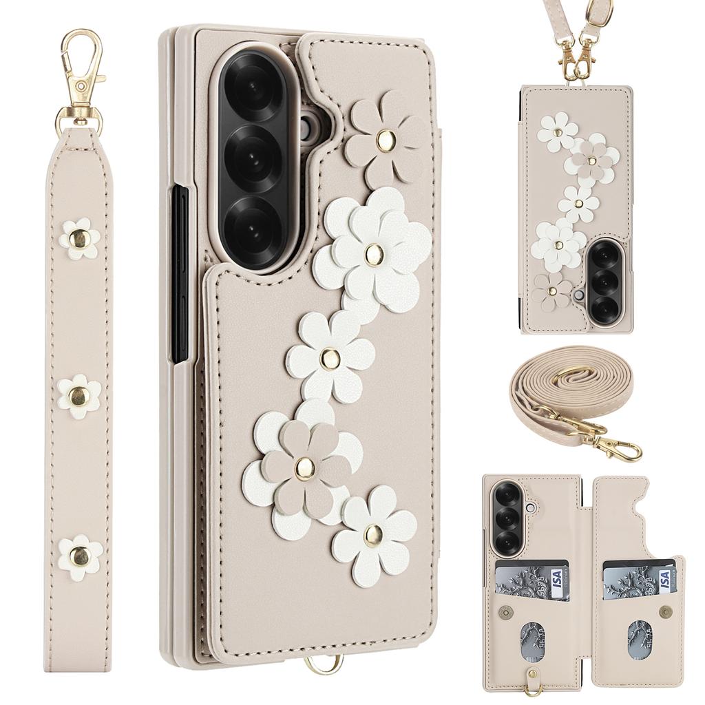 For Samsung Galaxy Z Fold7 5G Case Card Slots Leather Coated TPU Flower Phone Cover with 2 Straps