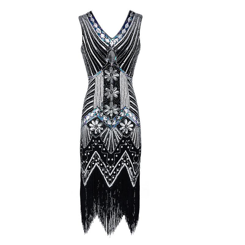 Robes Flapper Années 1920 pour Femmes à Franges et Sequins Robe Great Gatsby pour Femmes avec Accessoires Années 20 Costume Années Folles XL