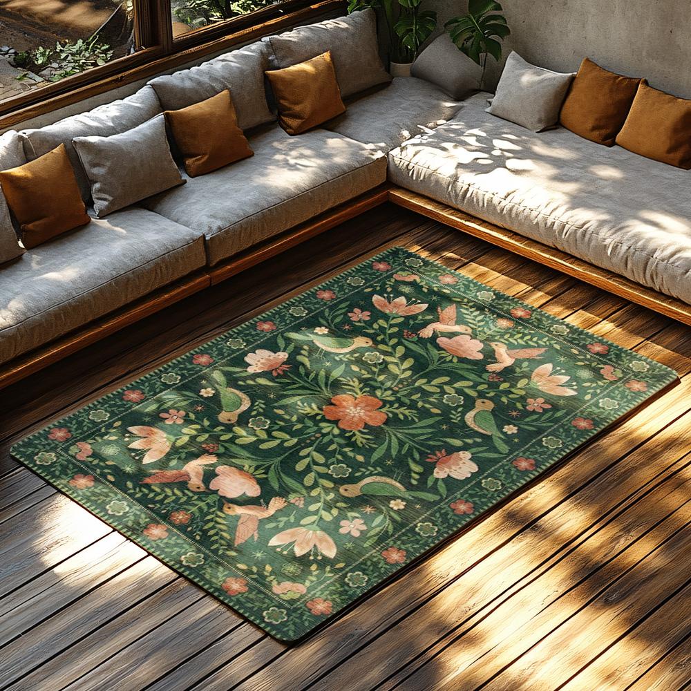Dark Green Floral Bird Rug, Bohemian Garden Pattern Non-Slip Carpet, Pink Accent Living Room Mat for Nature Home Decor