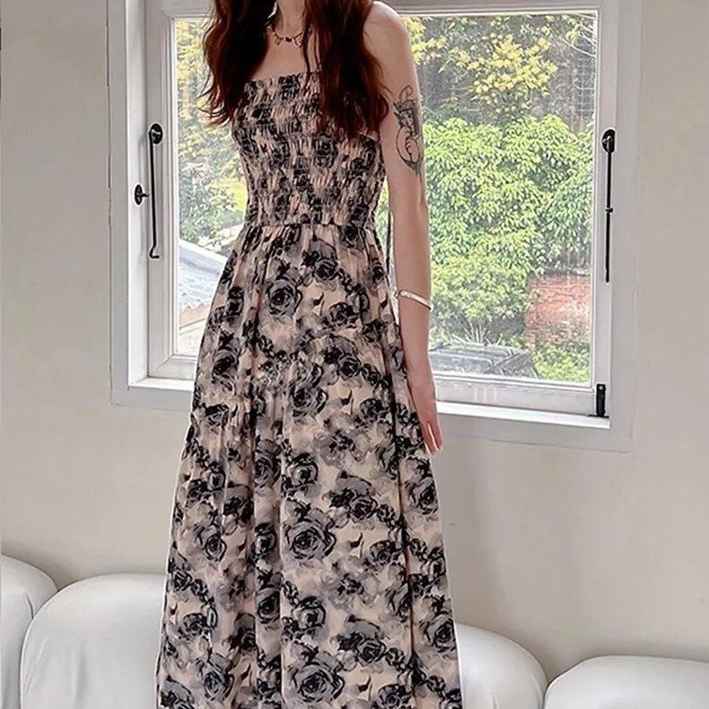 French vintage floral dress for women, summer 2026 new design style, niche petite slip long dress