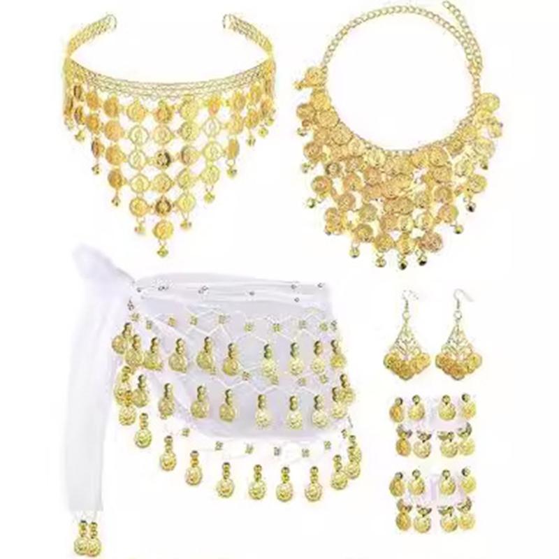 Belly Dance Accessories,Belly Dance Hip Scarf Wrap Belt,Coin Drop Earrings Hair Chain Bracelet Gypsy Costume for Women