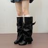 Pants boots women's new versatile round head belt buckle high knight boots niche retro but knee boots