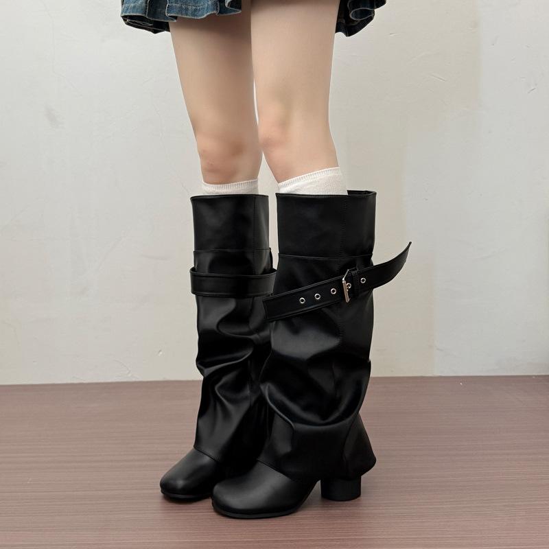 Pants boots women's new versatile round head belt buckle high knight boots niche retro but knee boots