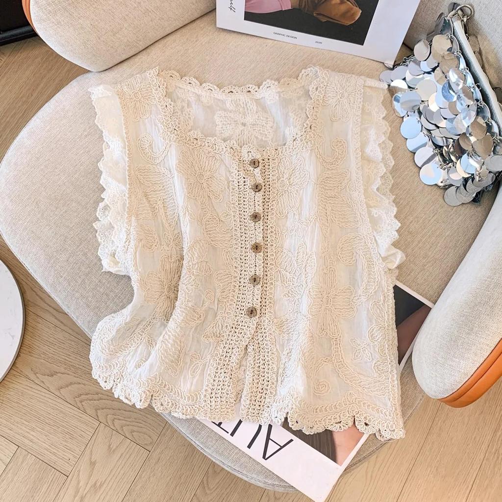 Female Summer Elegant Outerwear Embroidered Openwork Sleeveless Knit Tank Top - Elegant Cropped Top