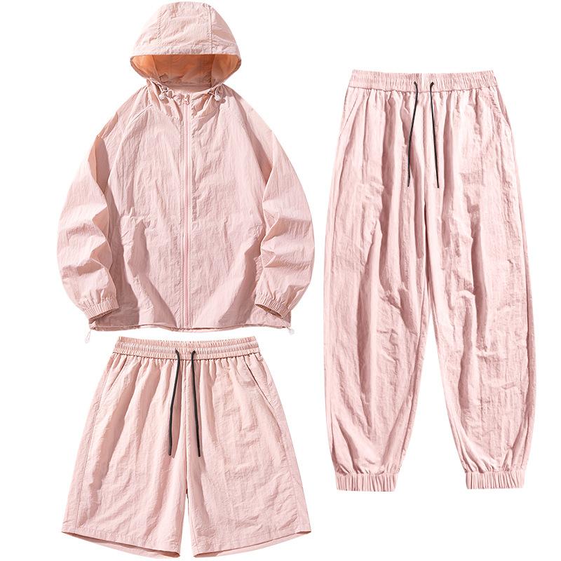 Summer Solid-color Casual Sun-protective Clothing Set with Hooded Thin Coat, Same Style for Both Men and Women, Three-piece Skinwear Set