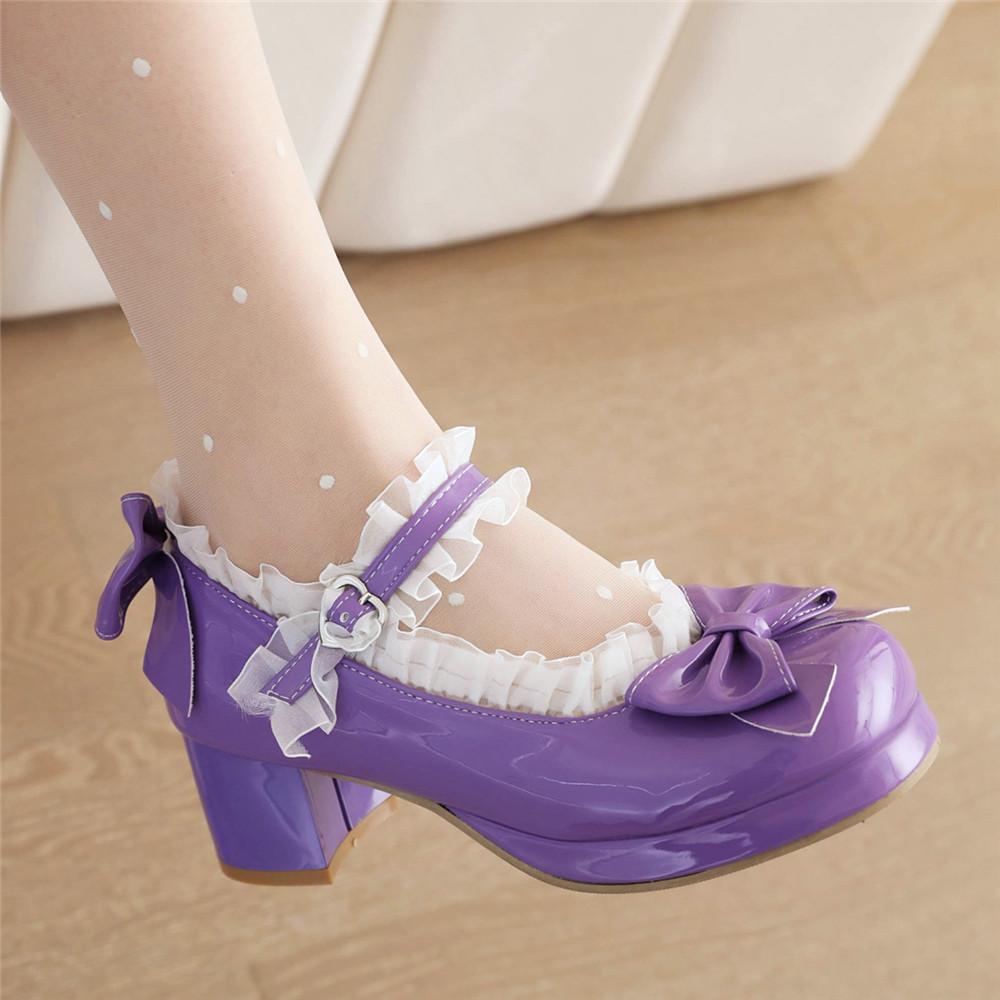 Fashion Woman Med Heel Lolita Shoes Patent Leather Cute Bow Mary Jane Pumps Bride Wedding Cosplay Party Red Pink Black Green Size 31-43