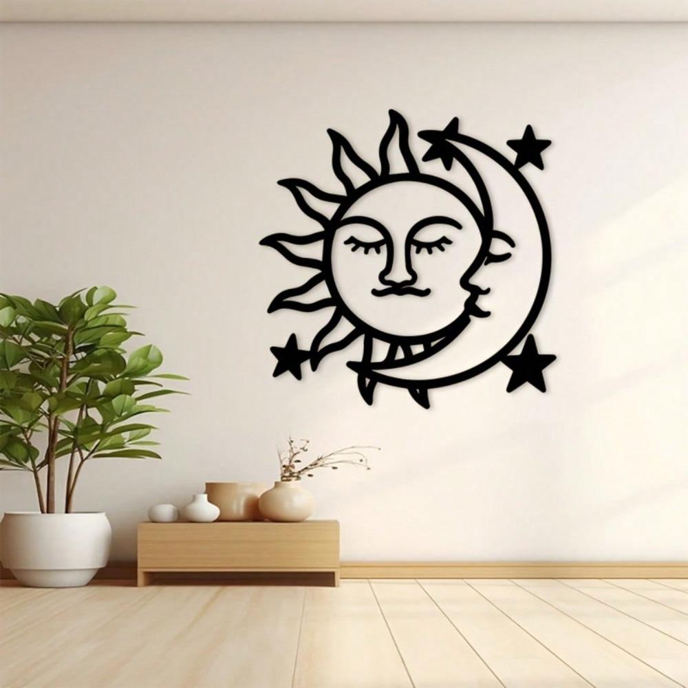 Sonne Mond Metall Wandkunst Schwarzer Sternenhimmel Dekoration für Wohnzimmer Schlafzimmer Arbeitszimmer Innen Außen Hausdekoration