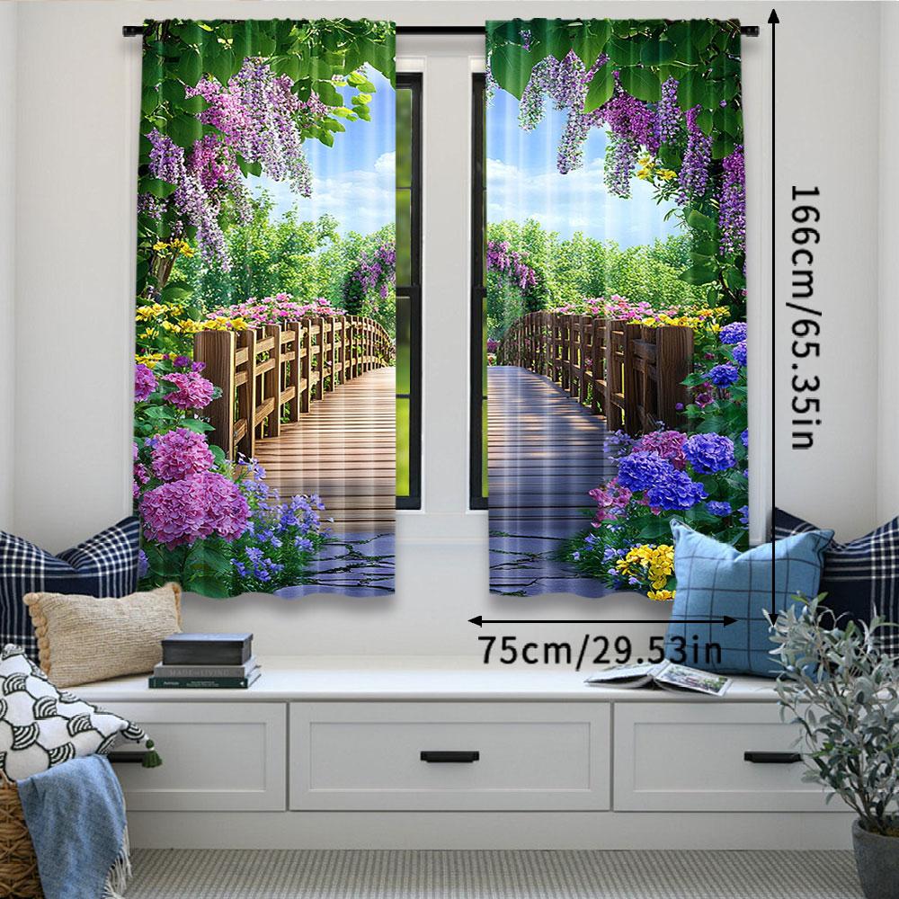 Bunte Blumen blühen Vorhang Holzbrücke Blumengarten Wohnzimmer Schlafzimmer Viele andere Anlässe Vorhänge Set von 2 Hergestellt Polyester Sitzdekor