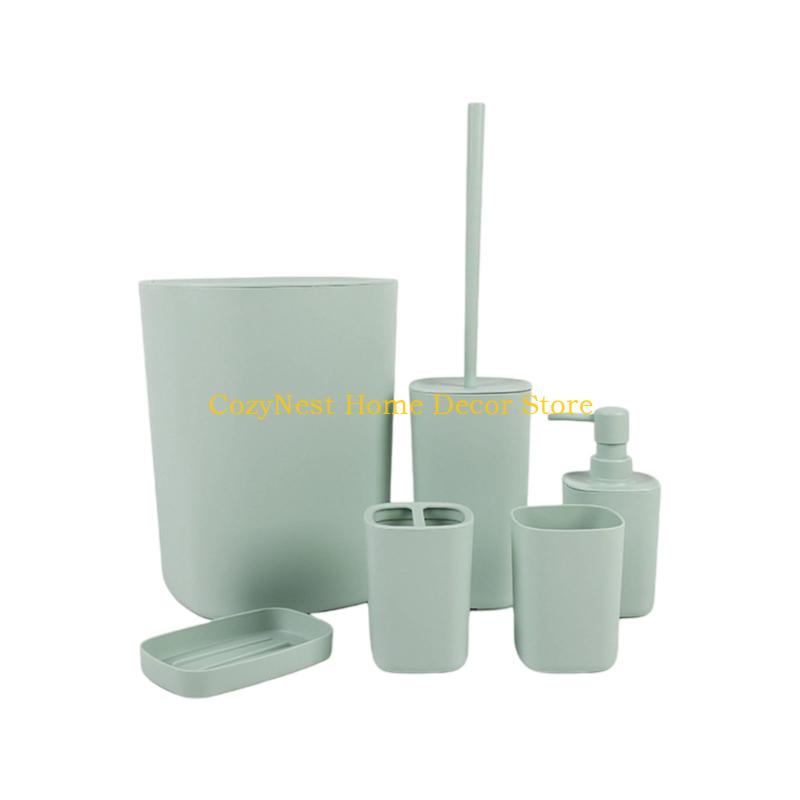 92MF Plastic Bathroom Accessories Set 6pc Hygienic Toothbrush Cup Wastebasket Planner Space Saving Plan