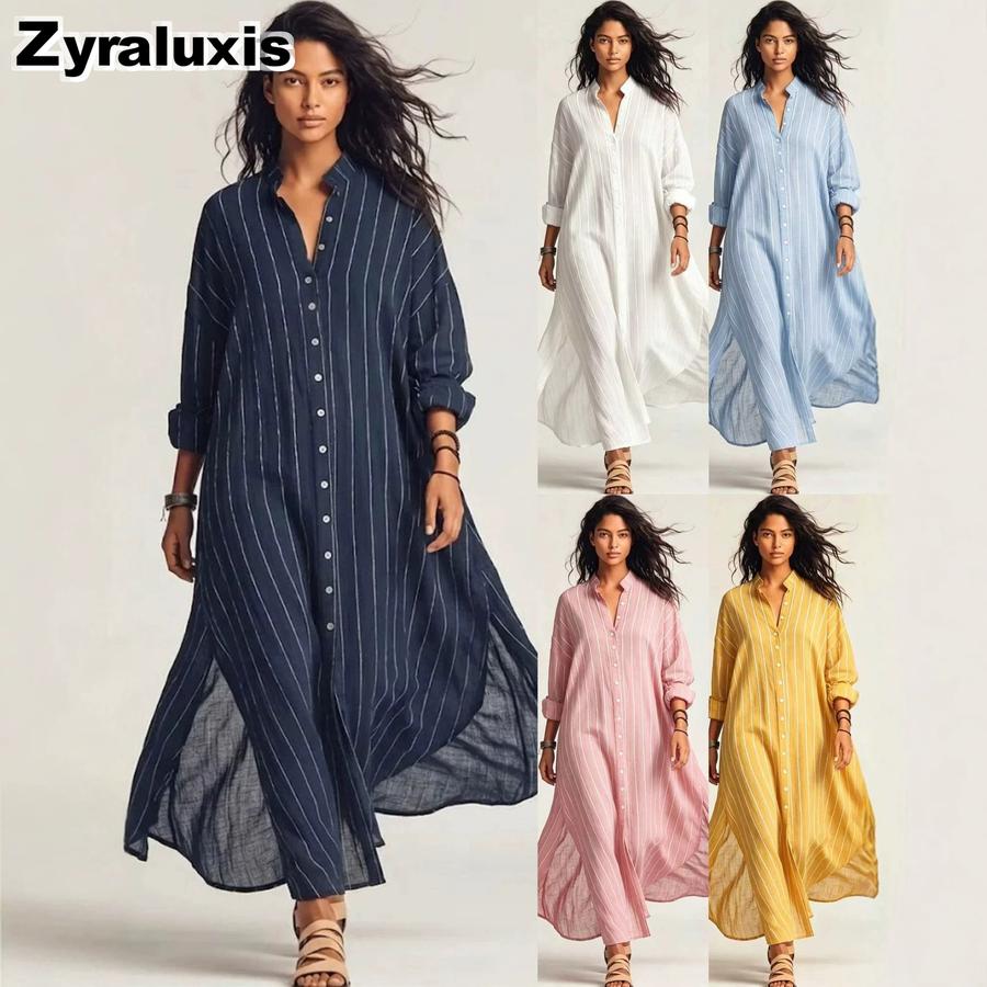 New Summer Striped Loose Long Sleeve Button Shirt Dress