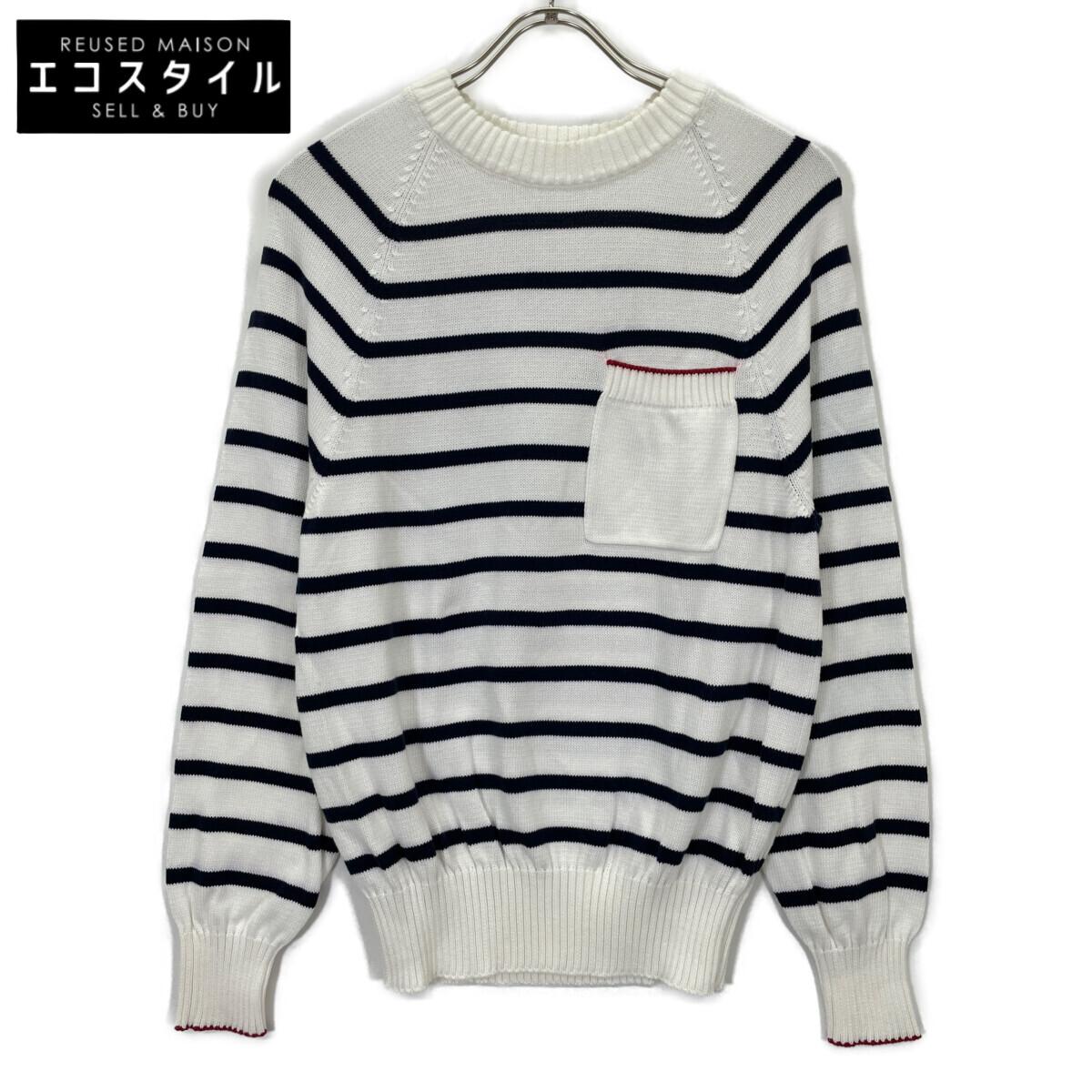 

BRUNELLO CUCINELLI 2021 White Cotton Border Knit Sweater tops 46 White x navyUsed