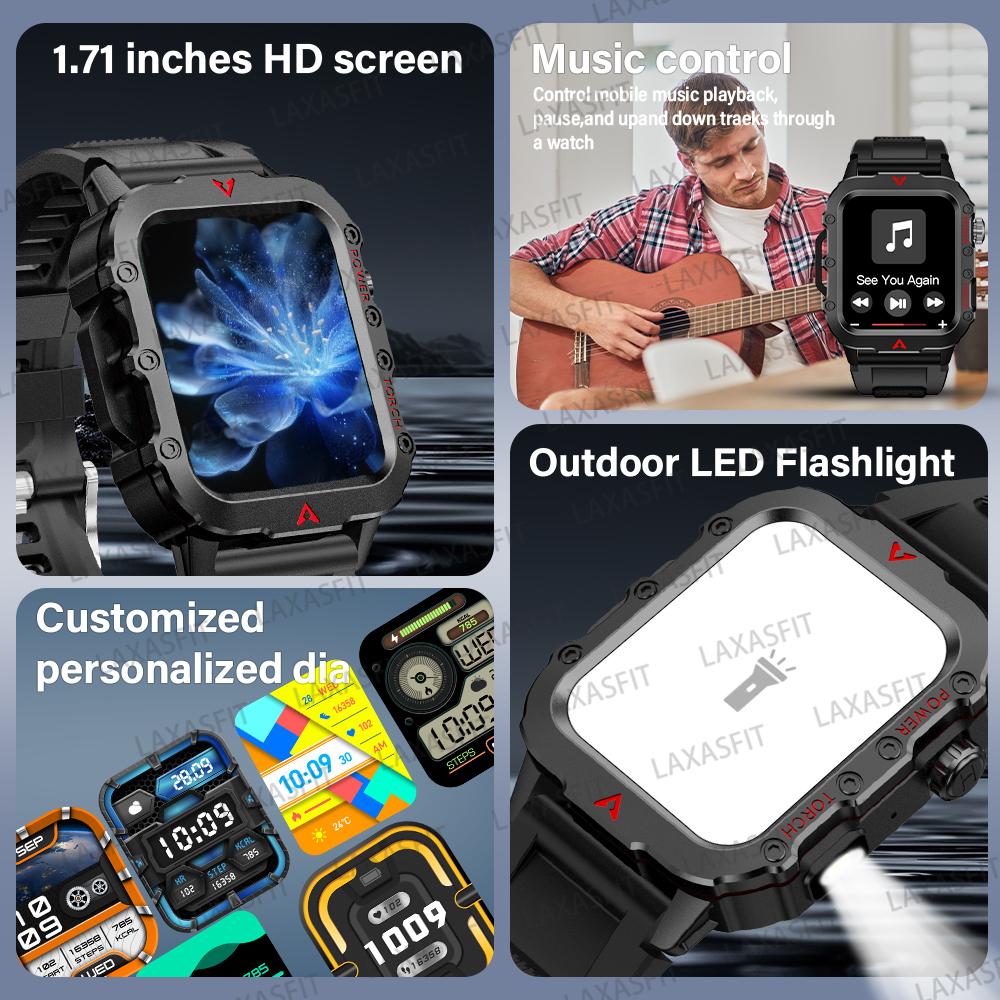 New Men's Smart Watch Outdoor Sports Watch 1.85 Inch Voice Assistant Bluetooth Call LED Flashlight Smartwatch