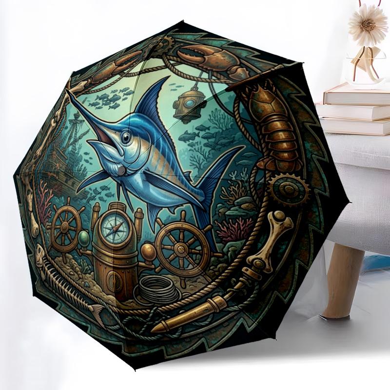 Underwater Adventure Emblem pattern umbrella, portable and foldable design, 8 ribs, a casual accessory for Halloween, Christmas, and birthday gifts.