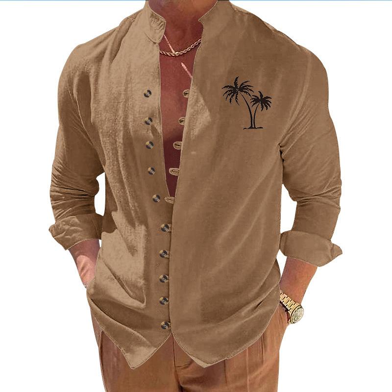 Coconut Tree Casual Printed Vintage Stand Collar Long-Sleeved Button-Down Men's Shirt