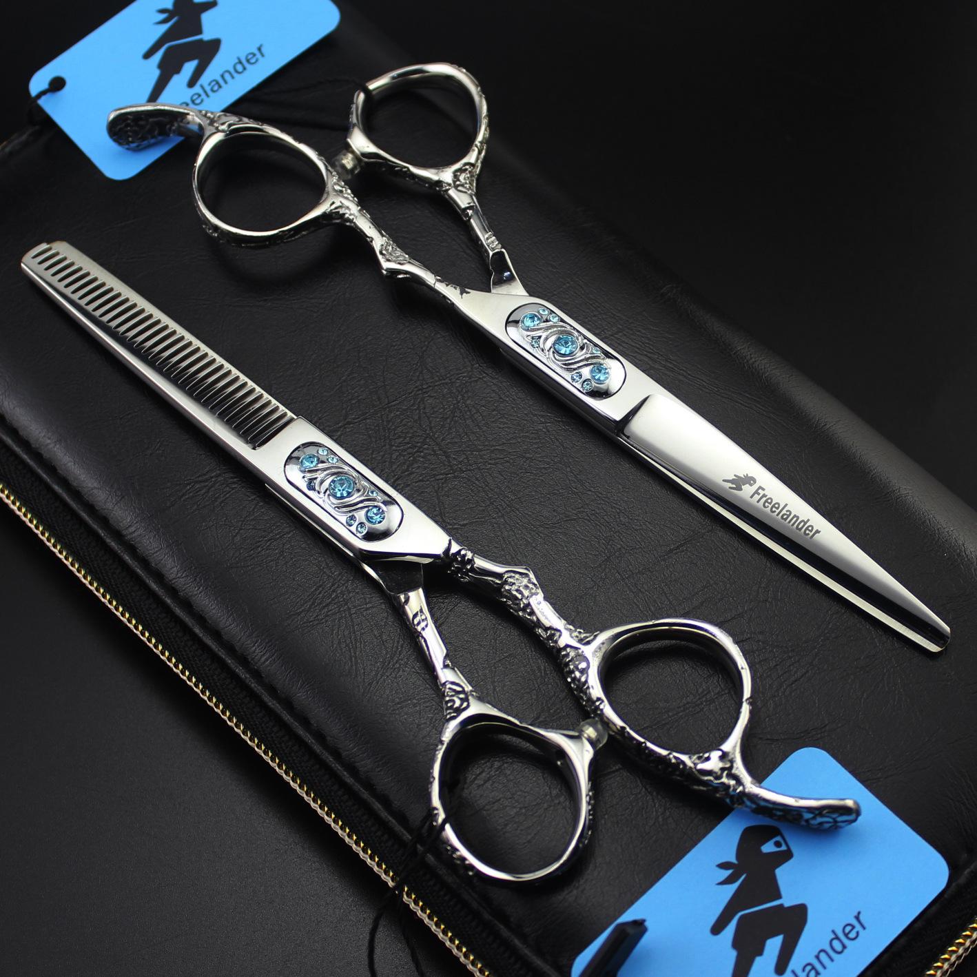 6.0-Inch God Walker Blue Plum Blossom Pattern Hair Cutting Scissors - Personalized Square Gem Serrated & Straight Barber Shears Plum Blossom Straight Scissors