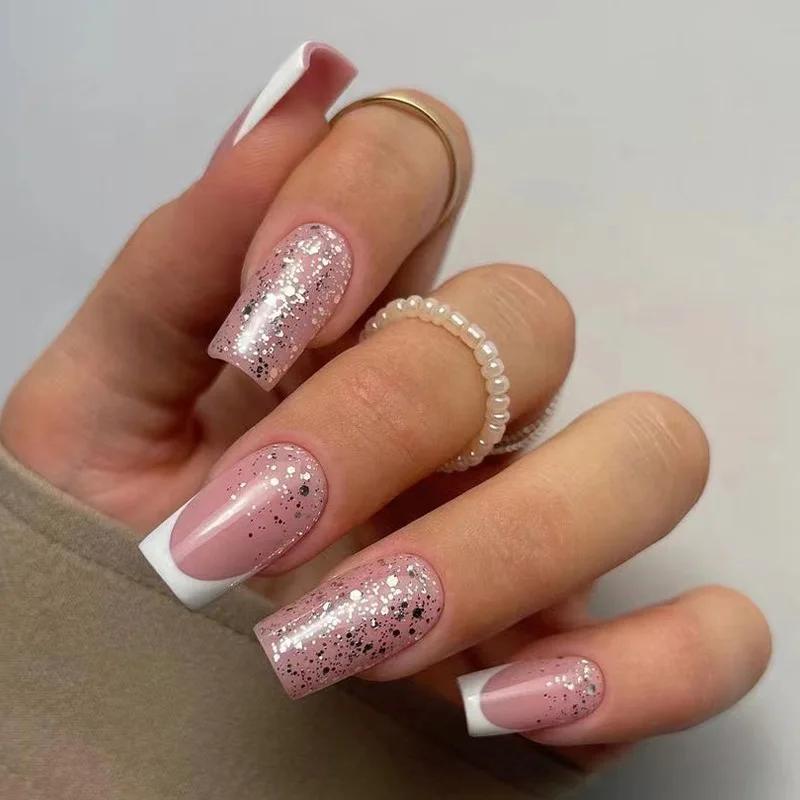 24 Pezzi Unghie Finte French Tip Bianche Applicabili a Pressione Media Lunghezza Quadrate Copertura Totale Riutilizzabili Set Manicure Semplice