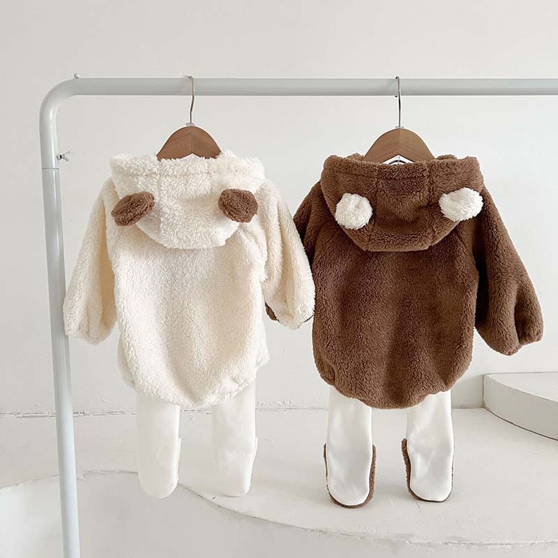 Kids Clothes Cute Bear Baby Romper Autumn Winter Plus Velvet Hooded Crawl Suit Soft Warm Tops Trousers Toddler Clothing Set