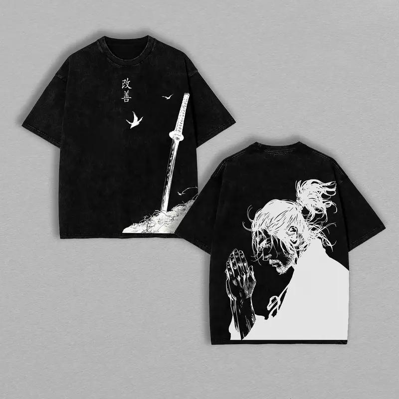 Vagabond Miyamoto Musashi Printed Tee Men Women Washed Cotton T-shirts Manga Vintage T Shirt Harajuku Male Short Sleeve Tshirt