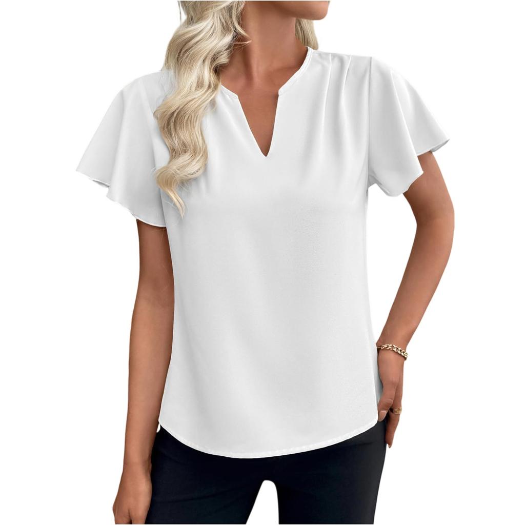 Fashionable Women's Ruffle Sleeves, Fashionable And Elegant V-neck Pleated Color Short Sleeved Shirt