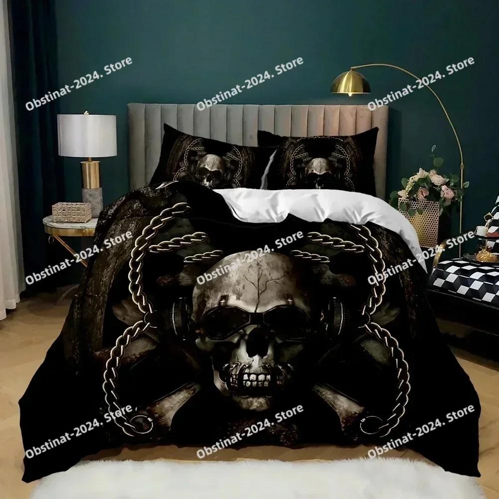 New Skull Duvet Cover Set Abstract Texture with Skull and Crossbones Pattern Aged Rusty Grunge Style Polyester Bedding Set