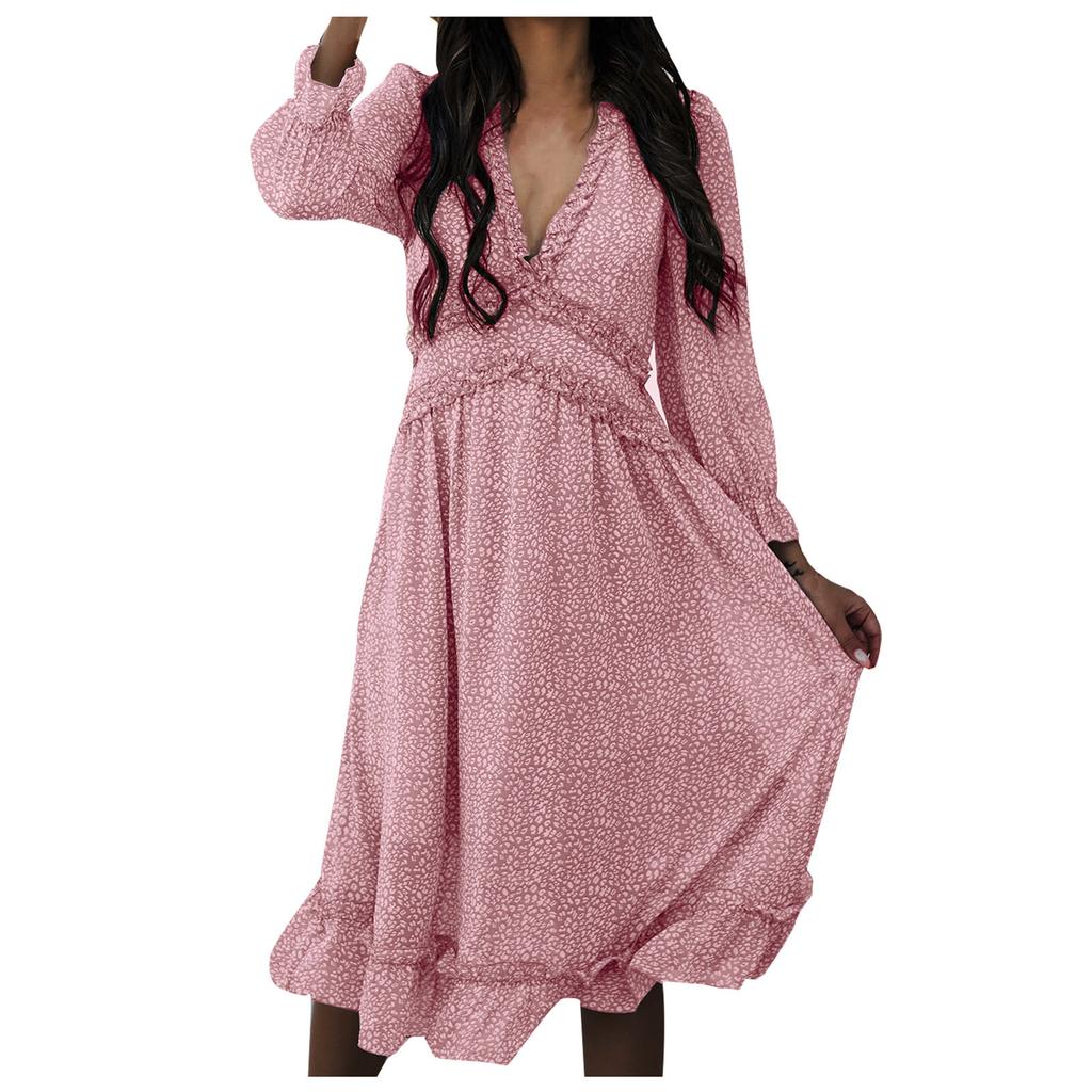 Damemote Langermet V-hals skjørt Plissert Kne-lengde Print Dress