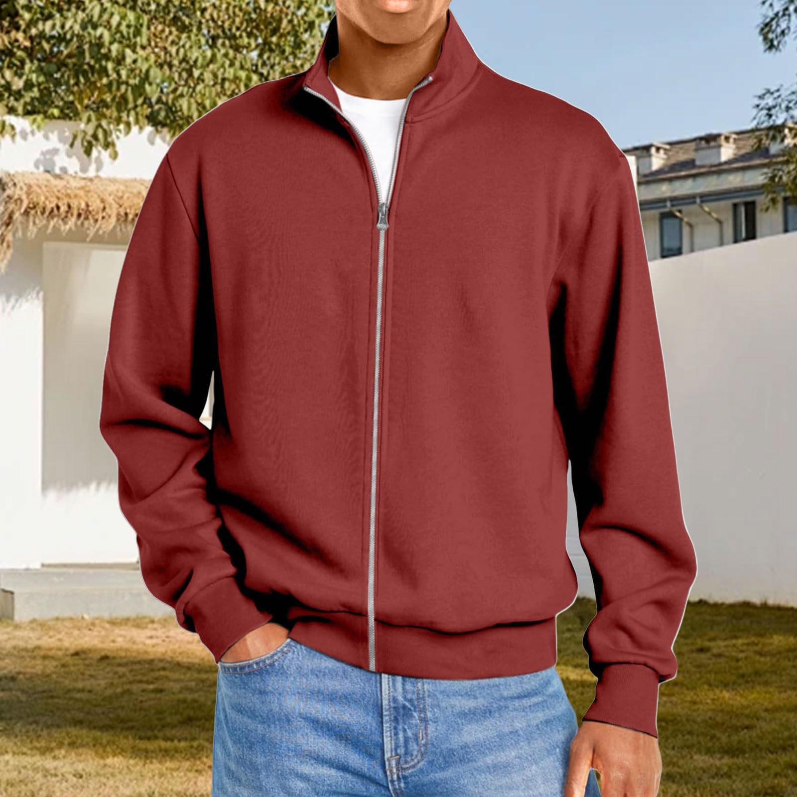 

Men Full Zip Up Casual T Shirt Long Sleeve Loose Fit Tops Fall Fashion Regular Fit Cardigan Tops XXXL винный