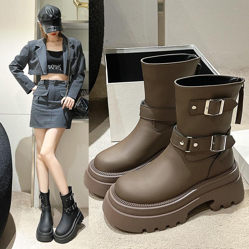 Retro Thick Bottom Short Boots For Women  New Style Belt Buckle Western Cowboy Boots Round Head Middle Tube Thick Heel Boots