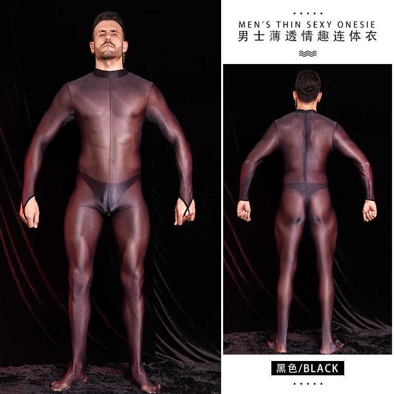 Sexy Men Body Sculpting Tights Oil Shiny Glossy Leotard Elastic Open Zipper Jumpsuit Exotic See Through Catsuit Body Stockings