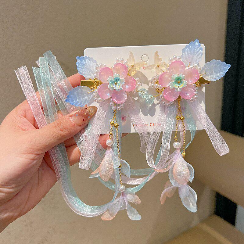 Princess Style Children's Hanfu Hair Clips - Ancient Chinese Tassel Ribbon Headdress for Girls