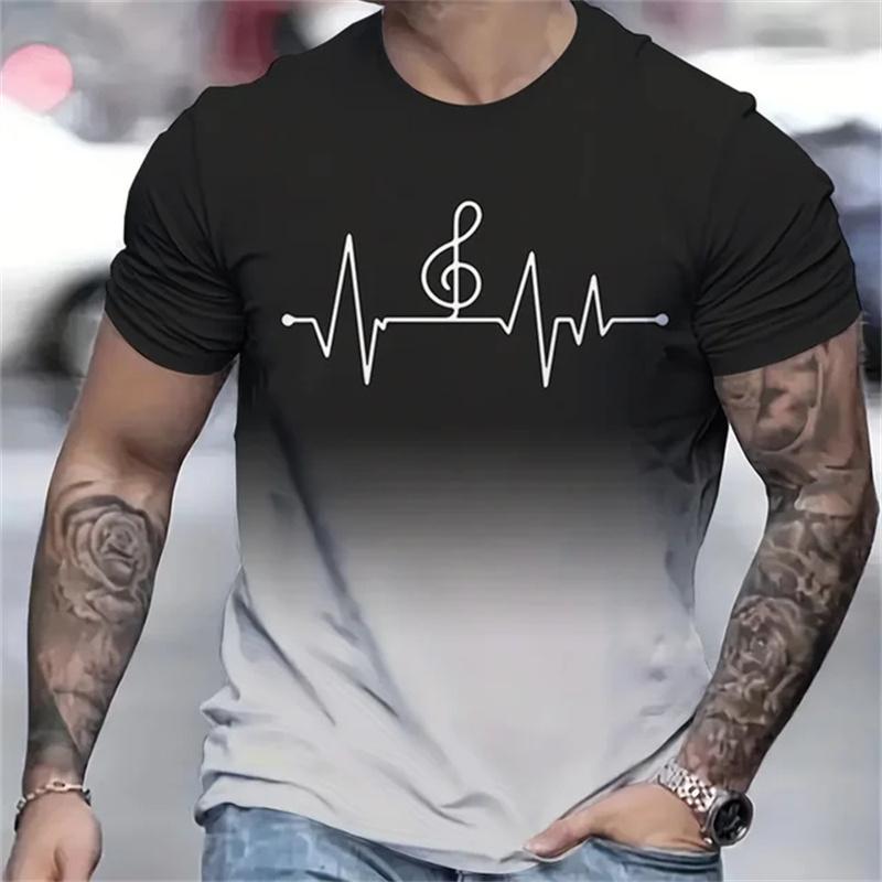 Music Heartbeat Pattern T Shirt For Men Gradient 3D Printed T-Shirts Summer Casual Sports Round Neck Top Short Sleeve Loose Tees